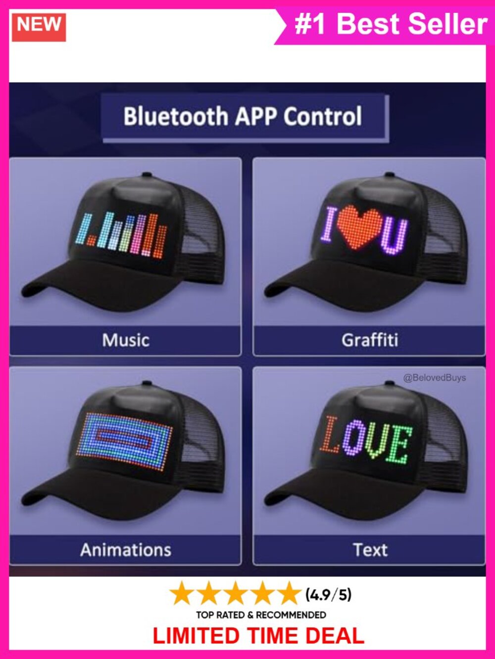 LED Baseball Cap Bluetooth APP Control Custom Text Hat - Picture 2 of 6